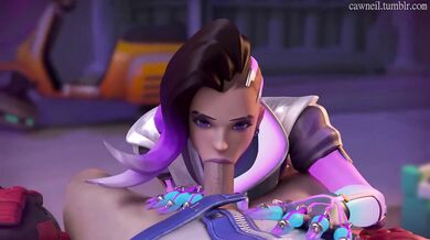 A beautiful Sombra cosplayer is giving a blowjob to her sexy partner while they are both in their costumes