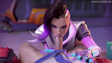 A beautiful Sombra cosplayer is giving a blowjob to her sexy partner while they are both in their costumes