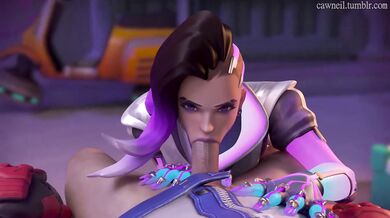 A beautiful Sombra cosplayer is giving a blowjob to her sexy partner while they are both in their costumes