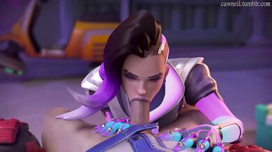 A beautiful Sombra cosplayer is giving a blowjob to her sexy partner while they are both in their costumes