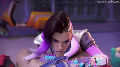A beautiful Sombra cosplayer is giving a blowjob to her sexy partner while they are both in their costumes