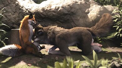 An animated lesbian threesome between a fox and wolf? Wow, that sounds like a hot animation!