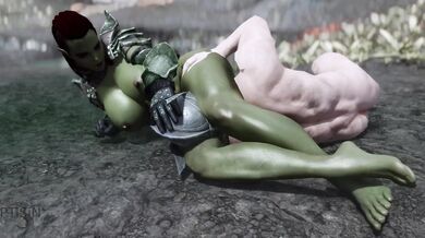 The muscle-bound Nord Lady is dominated by the luscious orc warrior, as she succumbs to his rough and wild passion