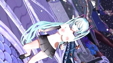 The 3D-animated virtual singer Hatsune Miku gets a little too close for comfort with some sexy girls in this hot MMD porn scene!