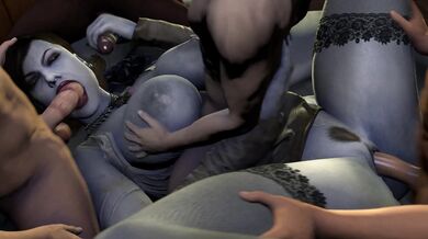 Lady Dimitrescu takes on a group of five men in a hot and steamy missionary fivesome scene