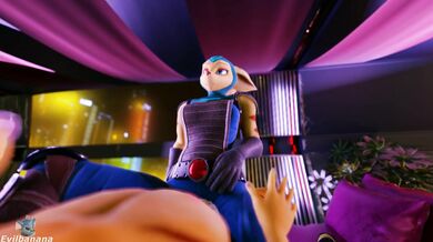 Watch the evil banana slip into her suit and start to dominate the room