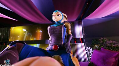 Watch the evil banana slip into her suit and start to dominate the room