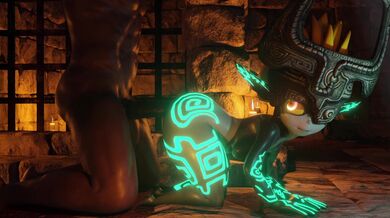 Watch as Midna from The Legend of Zelda transforms into a sexy doggy while being violently penetrated by the monstrous 3D dildo Drain Damage