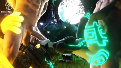 This is a hardcore porn scene where two men penetrate Midna at the same time, while she dances to merengue music