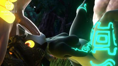 This is a hardcore porn scene where two men penetrate Midna at the same time, while she dances to merengue music