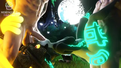 This is a hardcore porn scene where two men penetrate Midna at the same time, while she dances to merengue music