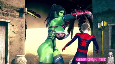 The Ultimate Futa She-Hulk takes on Spider-Man after a long battle and finally gets him to give in to her desires, resulting in an explosive climax