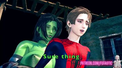 The Ultimate Futa She-Hulk takes on Spider-Man after a long battle and finally gets him to give in to her desires, resulting in an explosive climax