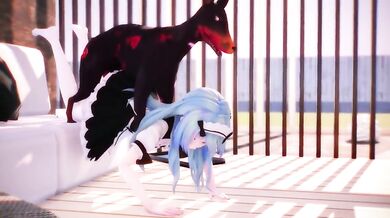 Hatsune Miku, the zombie dog, gets fucked by a white silk maid