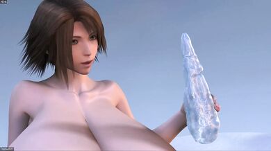 Medium-sized woman penetrated by a long ice rod during winter season