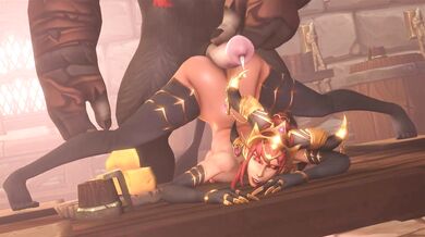 The fiery dragon queen Alexstrasza has her way with Jack-O, a sexy skeleton man who she grinds on while he honks his bone horns