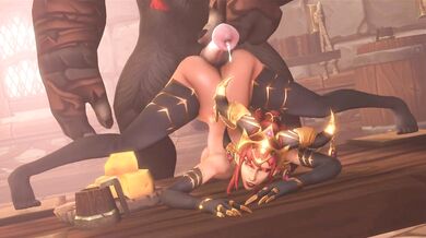 The fiery dragon queen Alexstrasza has her way with Jack-O, a sexy skeleton man who she grinds on while he honks his bone horns