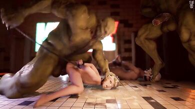 A maid servant mopping the floors of an orc-themed brothel, with a client requesting for her to clean up his mess.