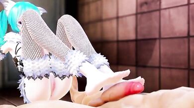 A night with Miku, the Vocaloid queen, leaves one man begging for mercy as she gives him a footjob he won't forget!