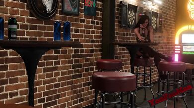 Young Lady Daydreams at the Billiard Hall while her Boyfriend Plays