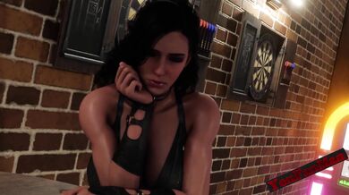 Young Lady Daydreams at the Billiard Hall while her Boyfriend Plays