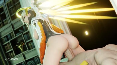 Watch as sexy Mercy gently jumps on top of a cock behind her, thrusting with all her might!