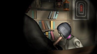 A young woman is seen sucking on a large dildo shaped like an X-Ray machine, while staring at the camera with lust in her eyes