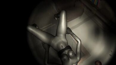 A young woman is seen sucking on a large dildo shaped like an X-Ray machine, while staring at the camera with lust in her eyes