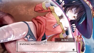 The Cheerleader and Megumin are trapped in the giant frogs mouth, while the audience watches their special version