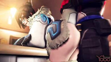 This is a hentai porn video featuring Overwatch character Soldier: 76, and Mei from Fortnite, as they engage in sexual intercourse with Colonel Yobo