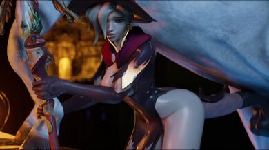 The busty witch Mercy uses her magic to seduce the handsome bartender in this epic hentai porn video