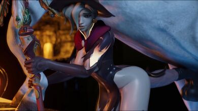 The busty witch Mercy uses her magic to seduce the handsome bartender in this epic hentai porn video