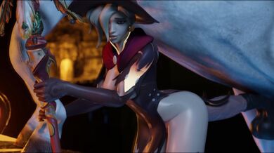 The busty witch Mercy uses her magic to seduce the handsome bartender in this epic hentai porn video