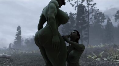 Two androgynous futanari orc sisters pleasure each other with their large cocks