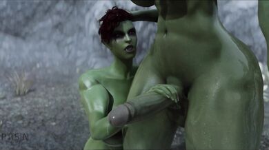 Two androgynous futanari orc sisters pleasure each other with their large cocks
