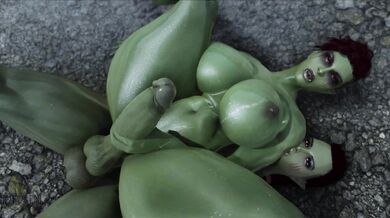 Two androgynous futanari orc sisters pleasure each other with their large cocks