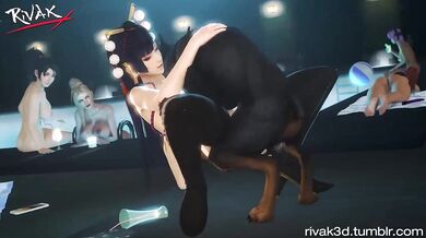 A hot and steamy night with Nyotengu, a demonic goddess, as she gets it on with her loyal pet dog Rivak3D in 3D!