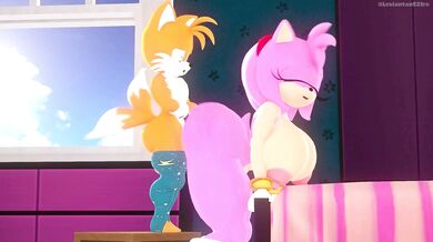 Tails the fox penetrates Amy Rose on a wooden table with his tail one fine day - [Leviantan581re]