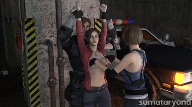 Claire and Jill from Resident Evil trade fists of fury in this belly punching hentai porn video