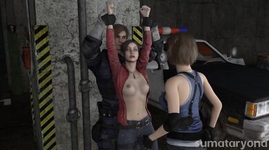 Claire and Jill from Resident Evil trade fists of fury in this belly punching hentai porn video