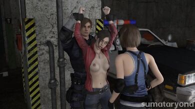 Claire and Jill from Resident Evil trade fists of fury in this belly punching hentai porn video