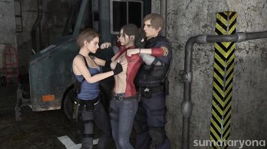 Claire and Jill from Resident Evil trade fists of fury in this belly punching hentai porn video