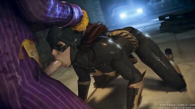 The Joker, with a skull-shaped dildo, violates Batgirl in a red room