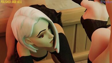 A sexy couple, Ashe and Dva, get their kinky desires fulfilled by the Jade Bell’s polished services