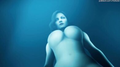 The seductive vampire, Dimitrescu, uses her foot to apply pressure on the victims neck during a teasing foreplay