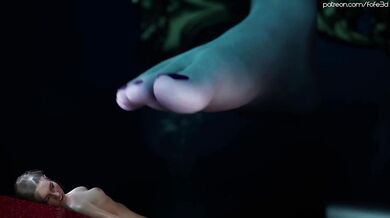 The seductive vampire, Dimitrescu, uses her foot to apply pressure on the victims neck during a teasing foreplay