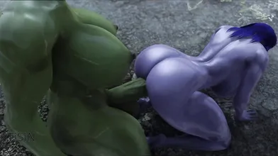This curvy dark elf gets fucked by a futanari orc with her huge cock