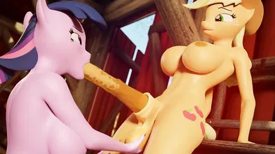Applejack is fucked hard by Twilight while they both enjoy oral pleasures in this hentai PORN video