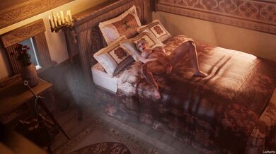 A young woman named Ciri and a white dog named Corvo Bianco have an intimate moment in 4K resolution