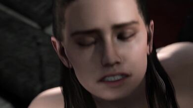 In the throne room of Jabba the Hutt, Princess Leia is ordered to pleasure her captor while Darth Vader watches with glee